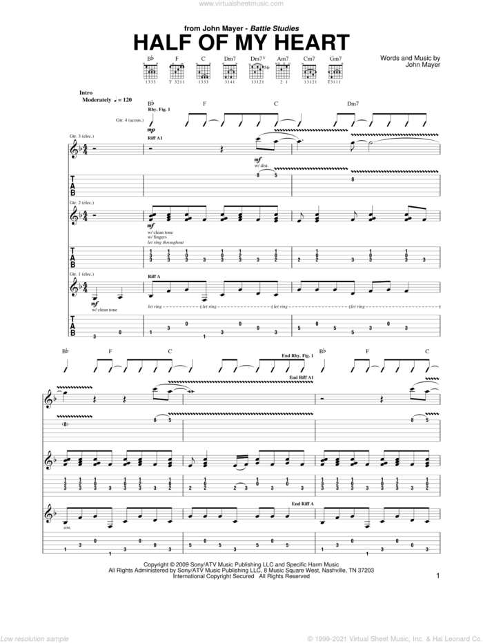 Half Of My Heart sheet music for guitar (tablature) by John Mayer featuring Taylor Swift, Taylor Swift and John Mayer, intermediate skill level