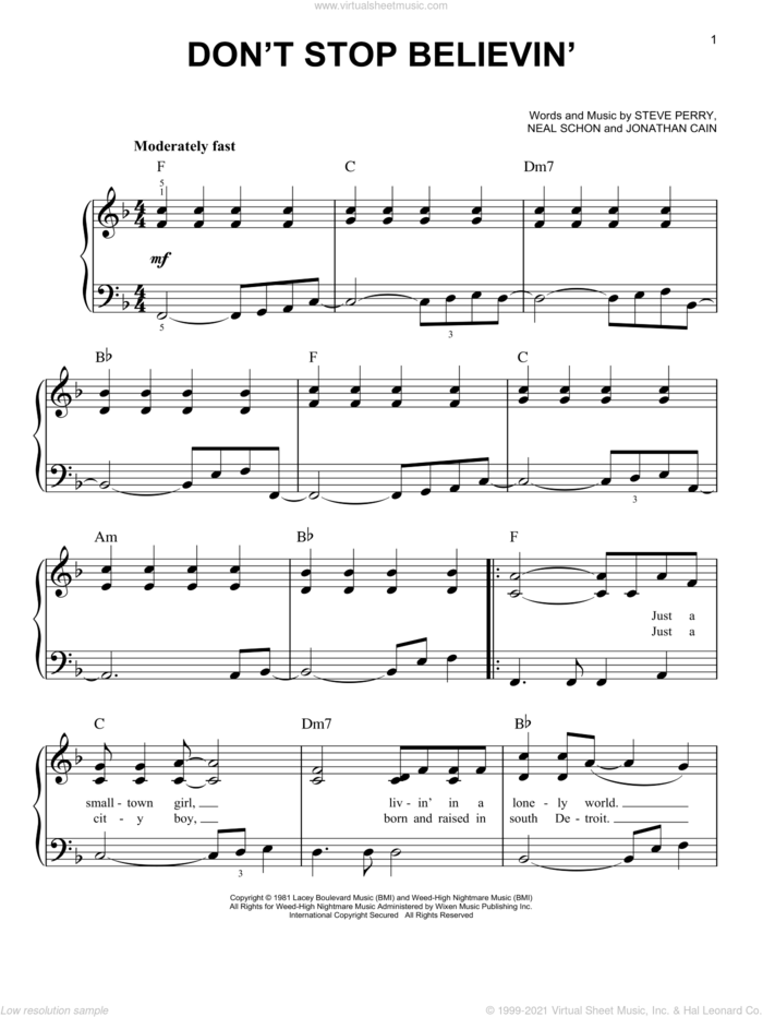 Don't Stop Believin' sheet music for piano solo by Journey, Miscellaneous, Jonathan Cain, Neal Schon and Steve Perry, easy skill level