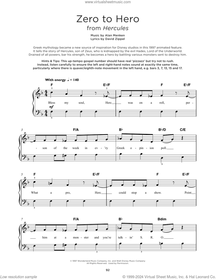 Zero To Hero (from Hercules), (beginner) sheet music for piano solo by Alan Menken and David Zippel, beginner skill level