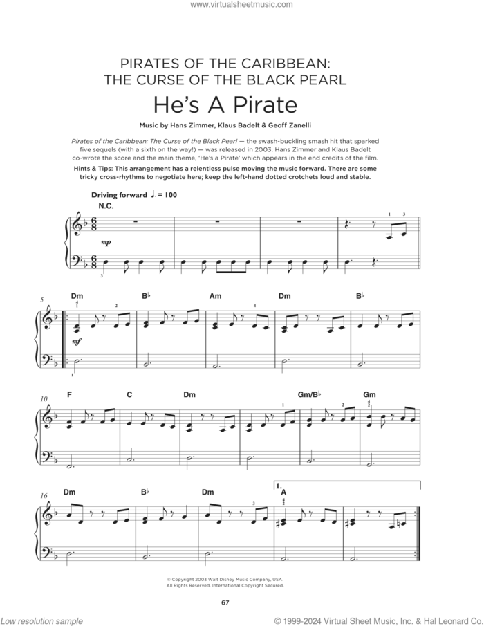He's A Pirate (from Pirates Of The Caribbean: The Curse of the Black Pearl) sheet music for piano solo by Hans Zimmer, Geoffrey Zanelli and Klaus Badelt, beginner skill level