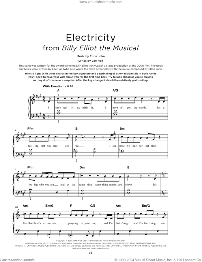 Electricity (from Billy Elliot: The Musical), (beginner) (from Billy Elliot: The Musical) sheet music for piano solo by Elton John and Lee Hall, beginner skill level