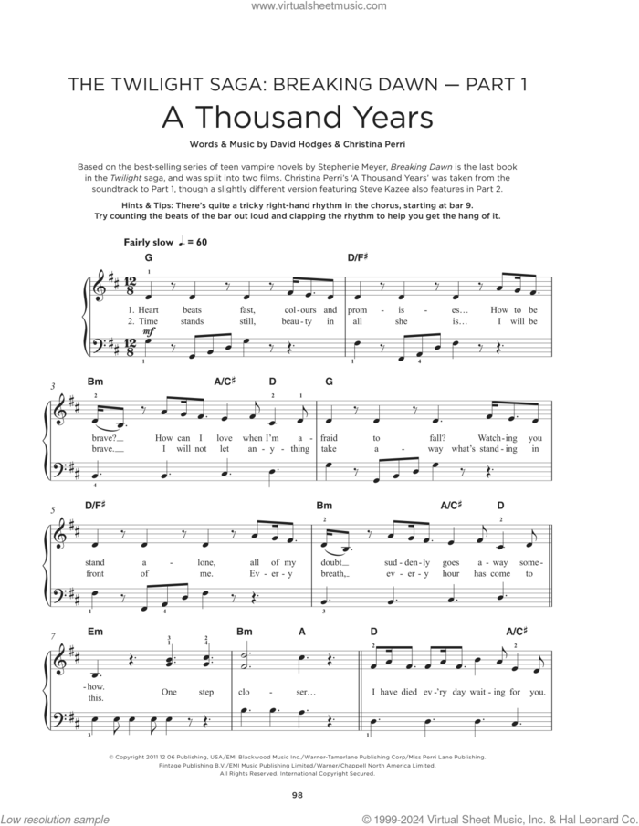 A Thousand Years sheet music for piano solo by Christina Perri and David Hodges, beginner skill level