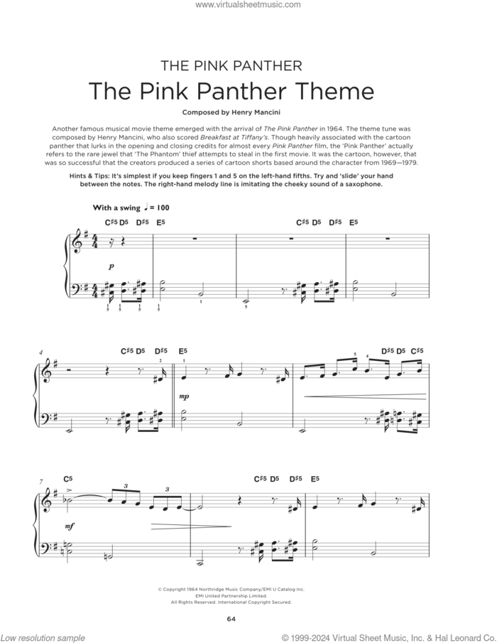 The Pink Panther sheet music for piano solo by Henry Mancini, beginner skill level