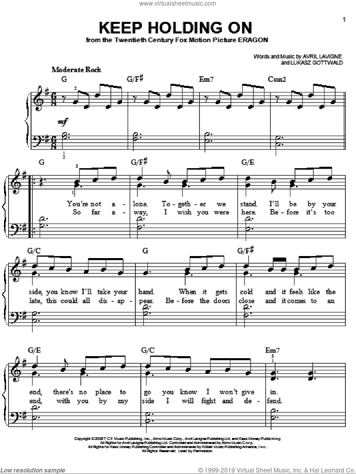 Keep Holding On sheet music for piano solo by Avril Lavigne, Eragon (Movie), Miscellaneous and Lukasz Gottwald, easy skill level