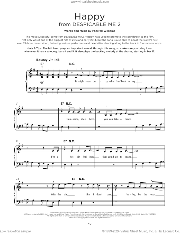 Happy sheet music for piano solo by Pharrell and Pharrell Williams, beginner skill level