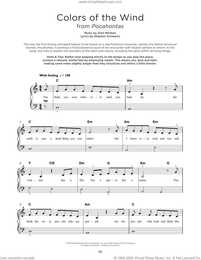 Colors Of The Wind (from Pocahontas), (beginner) (from Pocahontas) sheet music for piano solo by Alan Menken, Vanessa Williams and Stephen Schwartz, beginner skill level