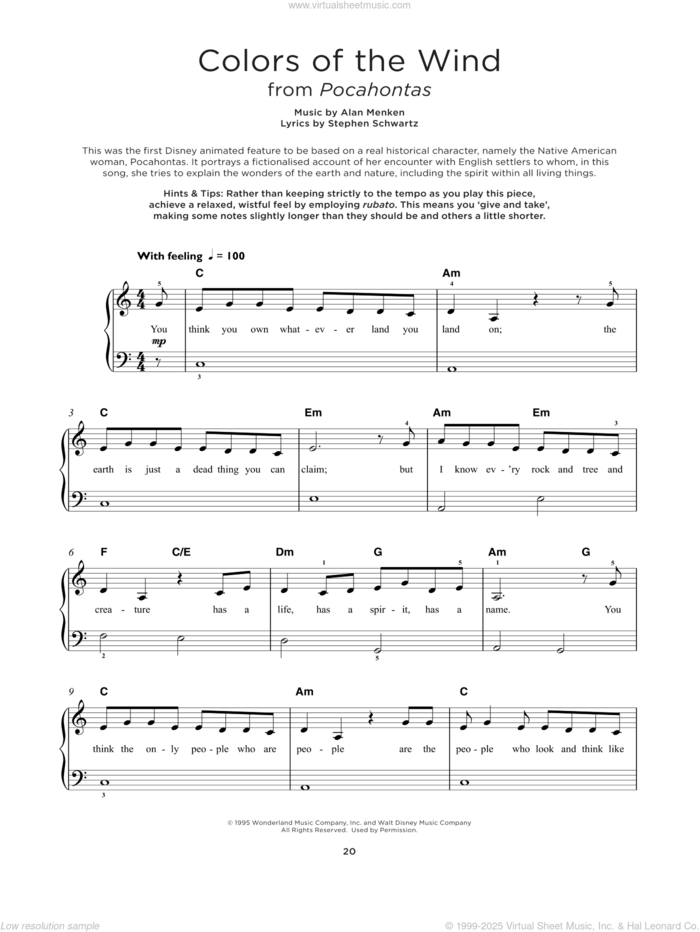 Colors Of The Wind (from Pocahontas), (beginner) (from Pocahontas) sheet music for piano solo by Alan Menken, Vanessa Williams and Stephen Schwartz, beginner skill level