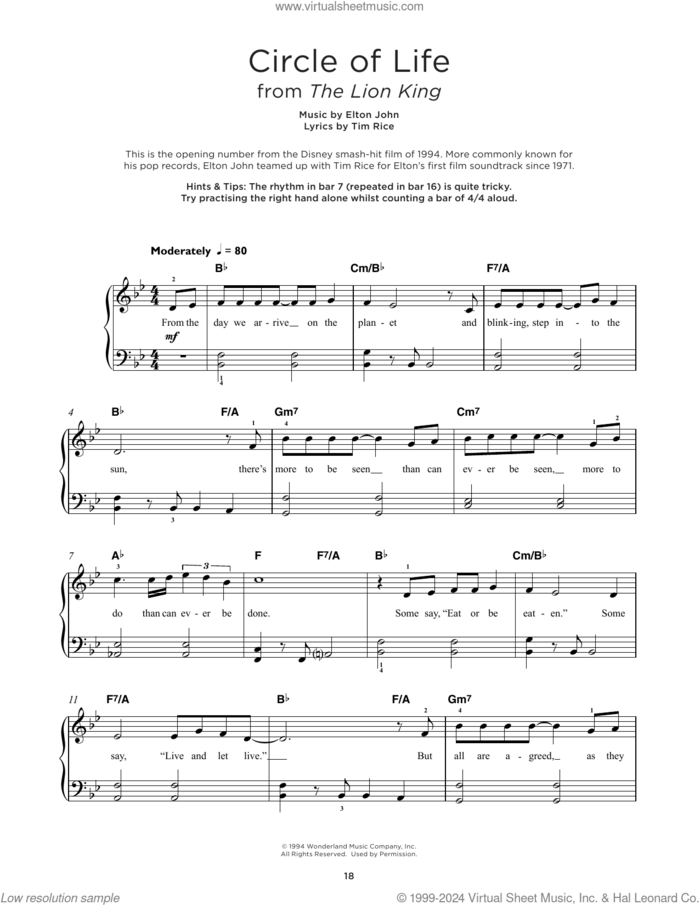 Circle Of Life (from The Lion King), (beginner) (from The Lion King) sheet music for piano solo by Elton John and Tim Rice, beginner skill level