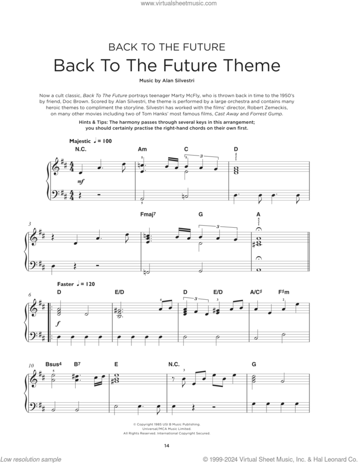 Back To The Future sheet music for piano solo by Alan Silvestri, beginner skill level