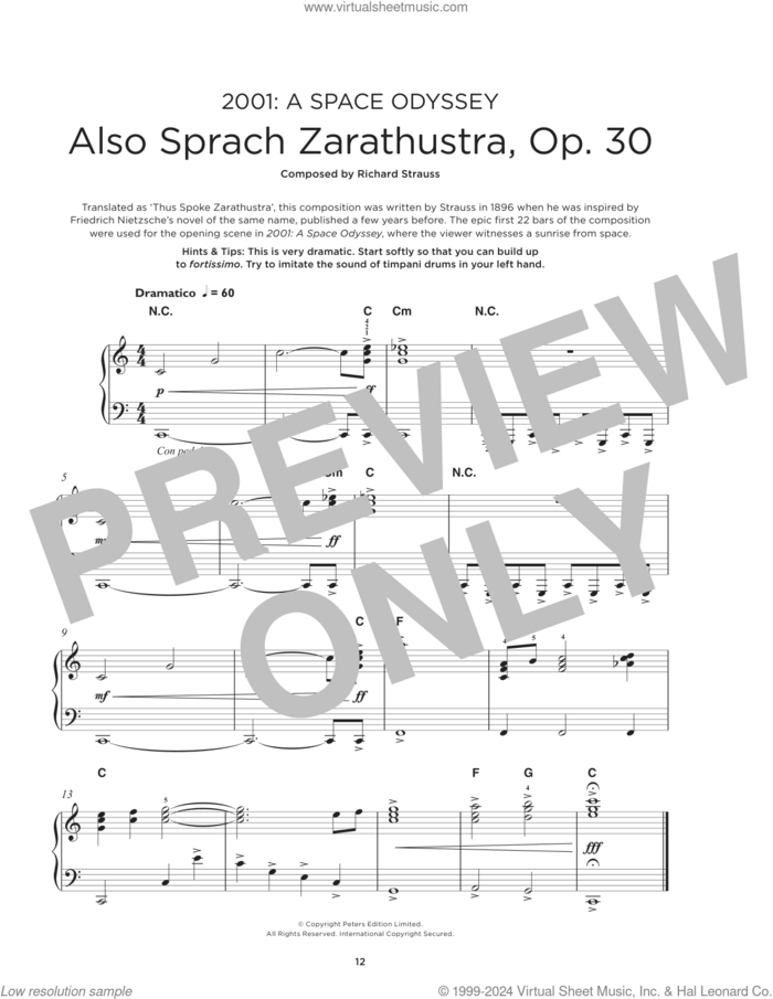 Also Sprach Zarathustra sheet music for piano solo by Richard Strauss, classical score, beginner skill level