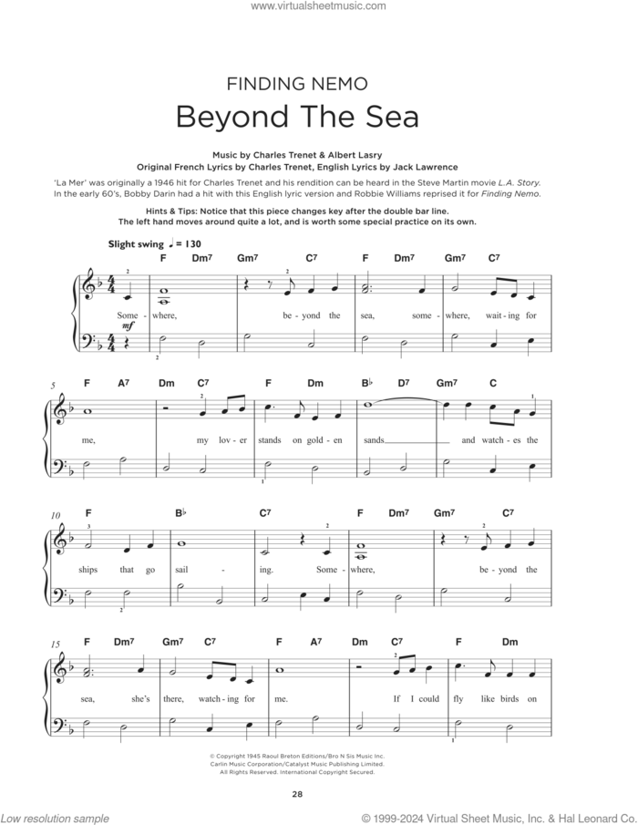 Beyond The Sea sheet music for piano solo by Bobby Darin, Albert Lasry, Charles Trenet and Jack Lawrence, beginner skill level