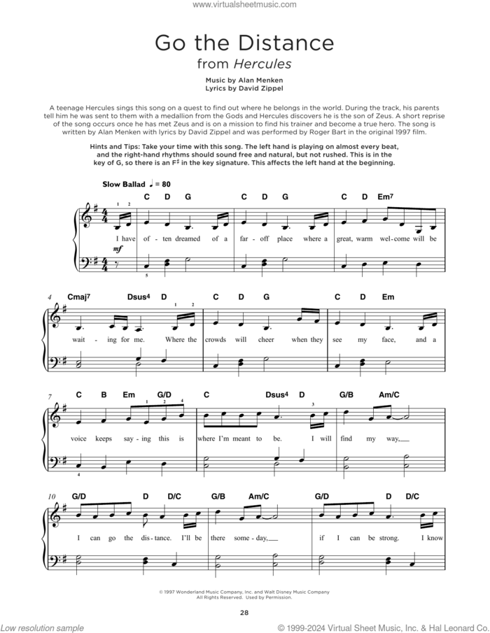 Go The Distance (from Hercules), (beginner) (from Hercules) sheet music for piano solo by Alan Menken, Michael Bolton and David Zippel, beginner skill level