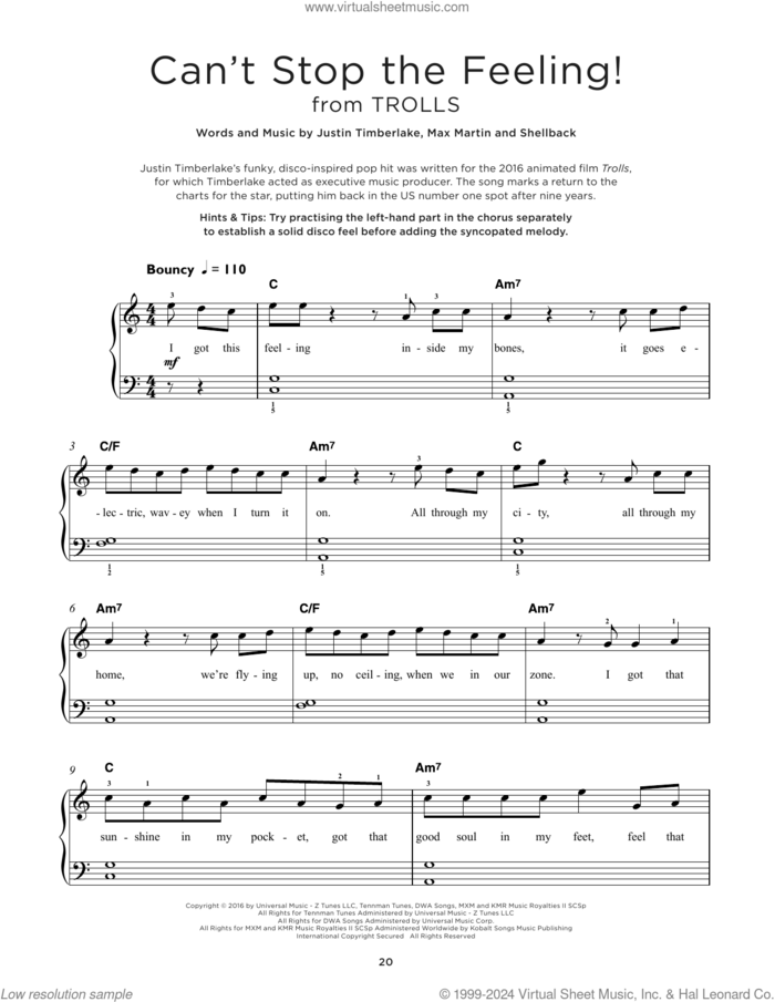 Can't Stop The Feeling! sheet music for piano solo by Justin Timberlake, Johan Schuster, Max Martin and Shellback, beginner skill level