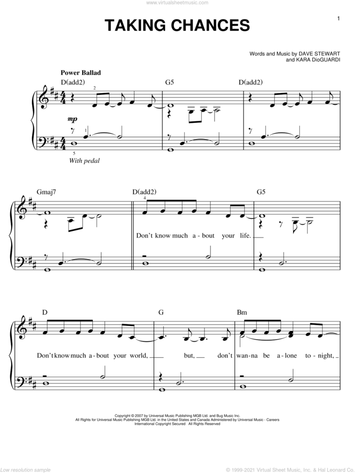 Taking Chances sheet music for piano solo by Celine Dion, Miscellaneous, Dave Stewart and Kara DioGuardi, easy skill level