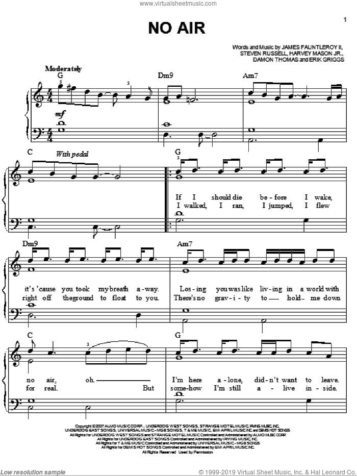 No Air sheet music for piano solo by Jordin Sparks with Chris Brown, Chris Brown, Jordin Sparks, Miscellaneous, Damon Thomas, Erik Griggs, Harvey Mason, Jr., James Fauntleroy and Steven Russell, easy skill level