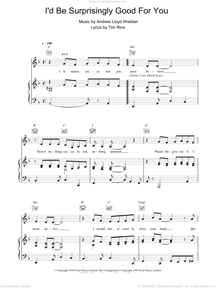 I'd Be Surprisingly Good For You sheet music for voice, piano or guitar by Andrew Lloyd Webber, Evita (Musical) and Tim Rice, intermediate skill level