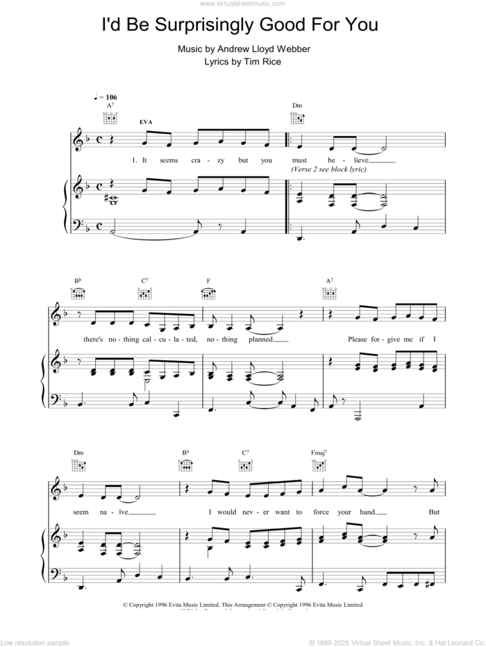 I'd Be Surprisingly Good For You sheet music for voice, piano or guitar by Andrew Lloyd Webber, Evita (Musical) and Tim Rice, intermediate skill level