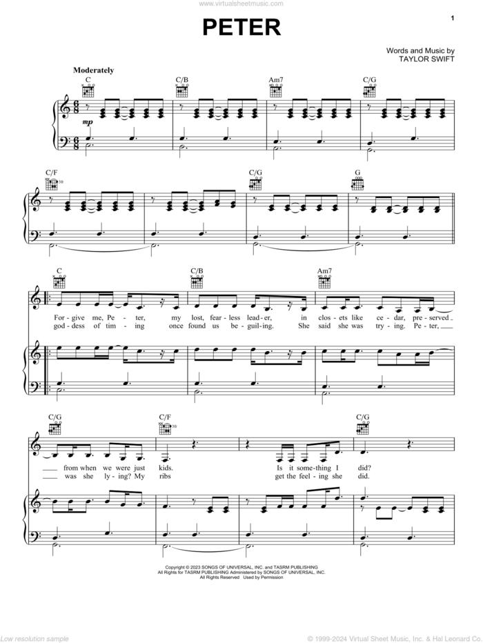 Peter sheet music for voice, piano or guitar by Taylor Swift, intermediate skill level