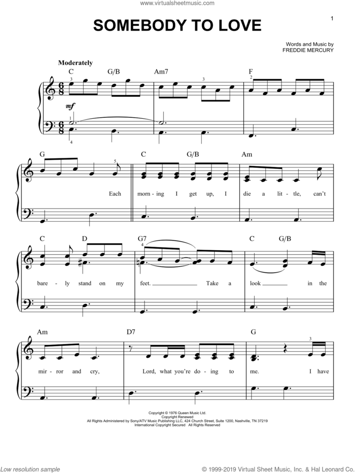 Somebody To Love, (easy) sheet music for piano solo by Queen, Miscellaneous and Freddie Mercury, easy skill level