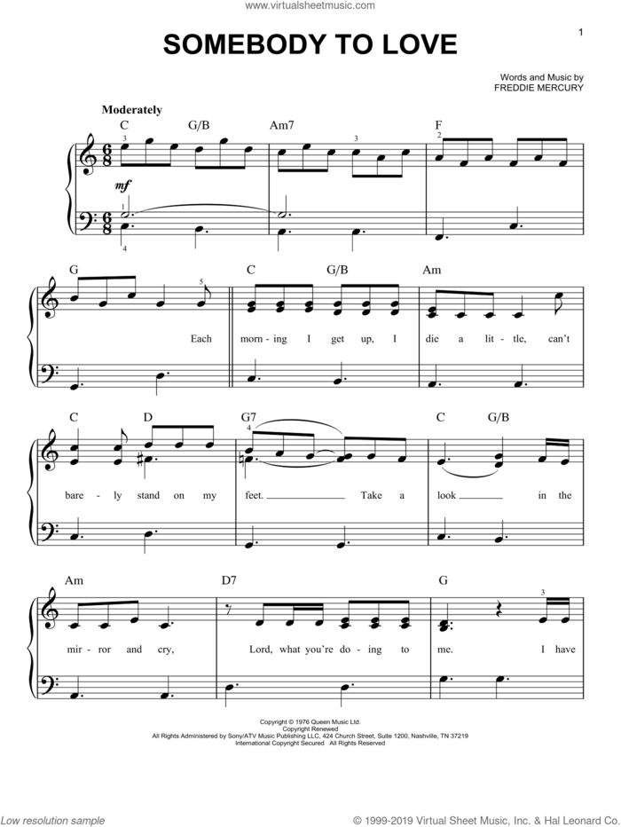 Queen Somebody To Love Easy Sheet Music For Piano Solo Pdf