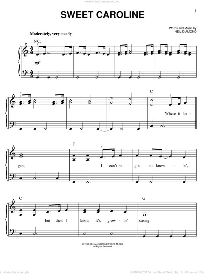 Sweet Caroline, (easy) sheet music for piano solo by Neil Diamond and Miscellaneous, easy skill level