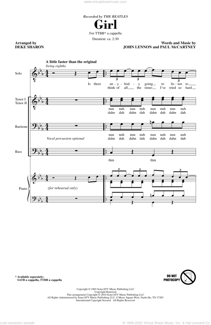 Girl sheet music for choir (TTBB: tenor, bass) by Paul McCartney, John Lennon, Deke Sharon and The Beatles, intermediate skill level