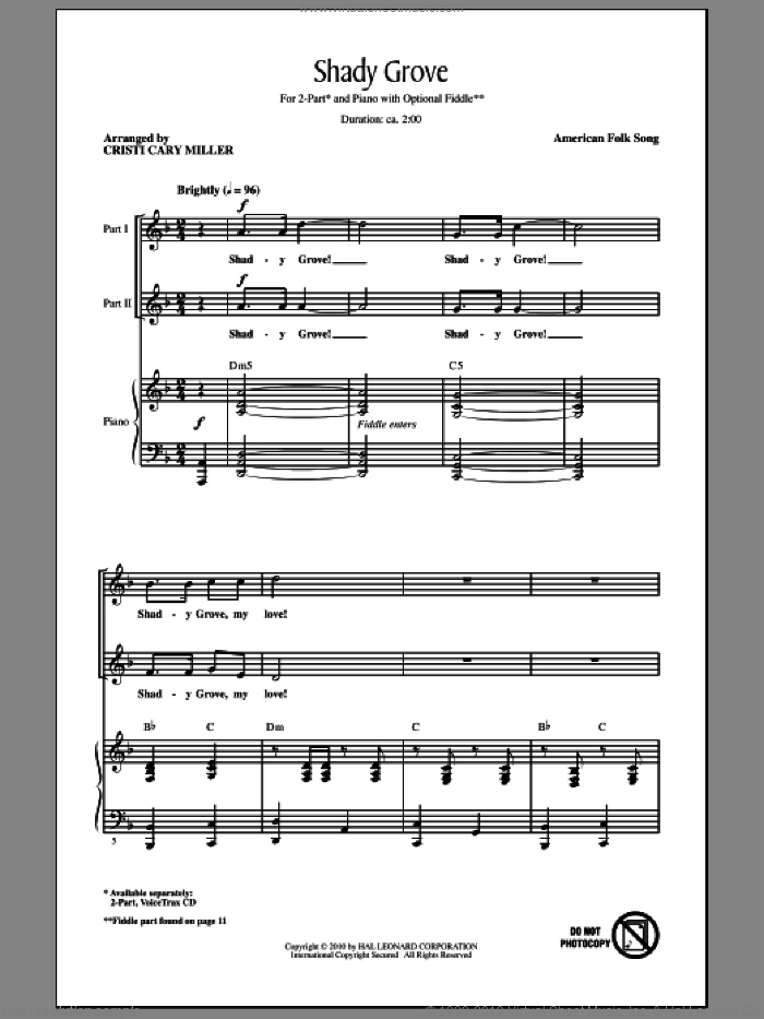 Shady Grove (arr. Cristi Cary Miller) sheet music for choir (2-Part) by Cristi Cary Miller and Miscellaneous, intermediate duet