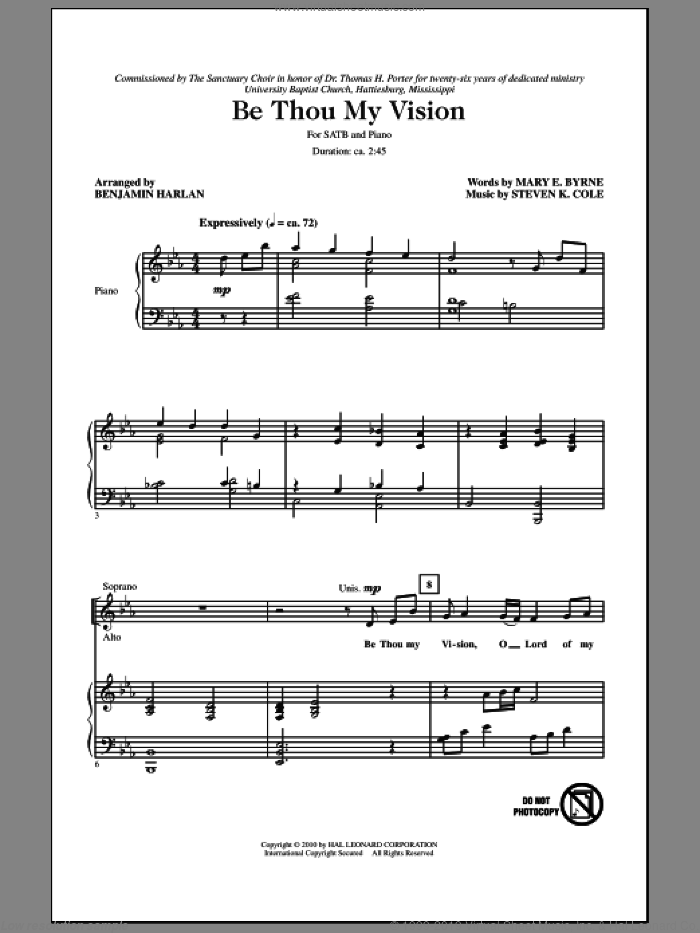 Be Thou My Vision sheet music for choir (SATB: soprano, alto, tenor, bass) by Benjamin Harlan, Mary E. Byrne and Steven Cole, intermediate skill level