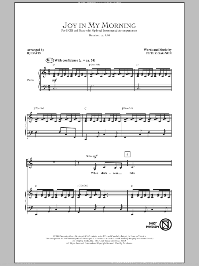 Joy In My Morning sheet music for choir (SATB: soprano, alto, tenor, bass) by BJ Davis and Peter Gagnon, intermediate skill level