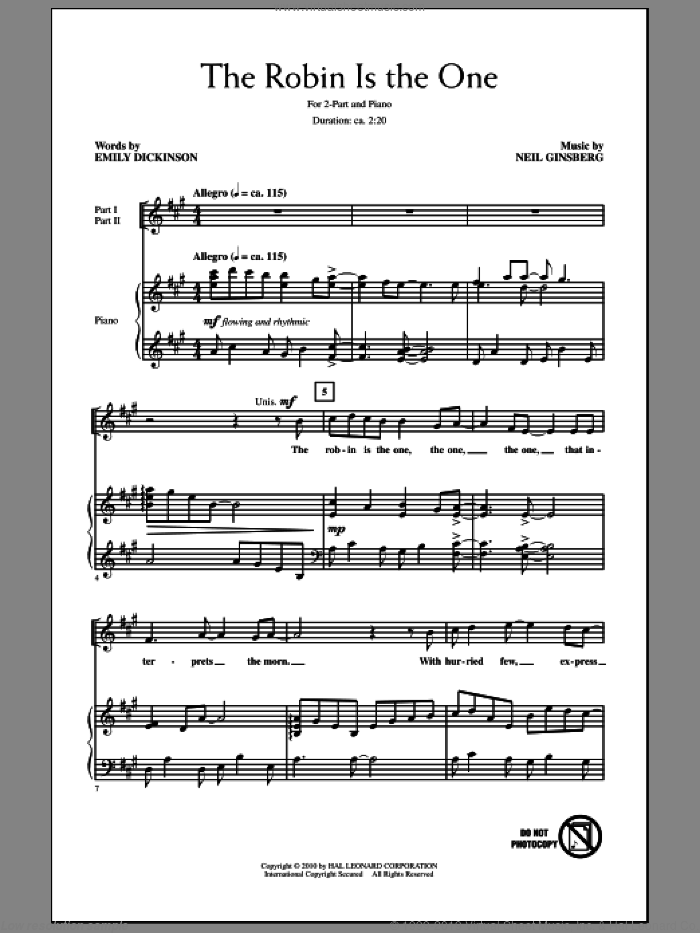 The Robin Is The One sheet music for choir (2-Part) by Neil Ginsberg and Emily Dickinson, intermediate duet