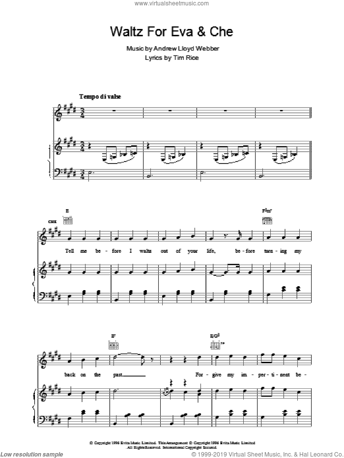 Waltz For Eva And Che sheet music for voice, piano or guitar by Andrew Lloyd Webber, Evita (Musical) and Tim Rice, intermediate skill level