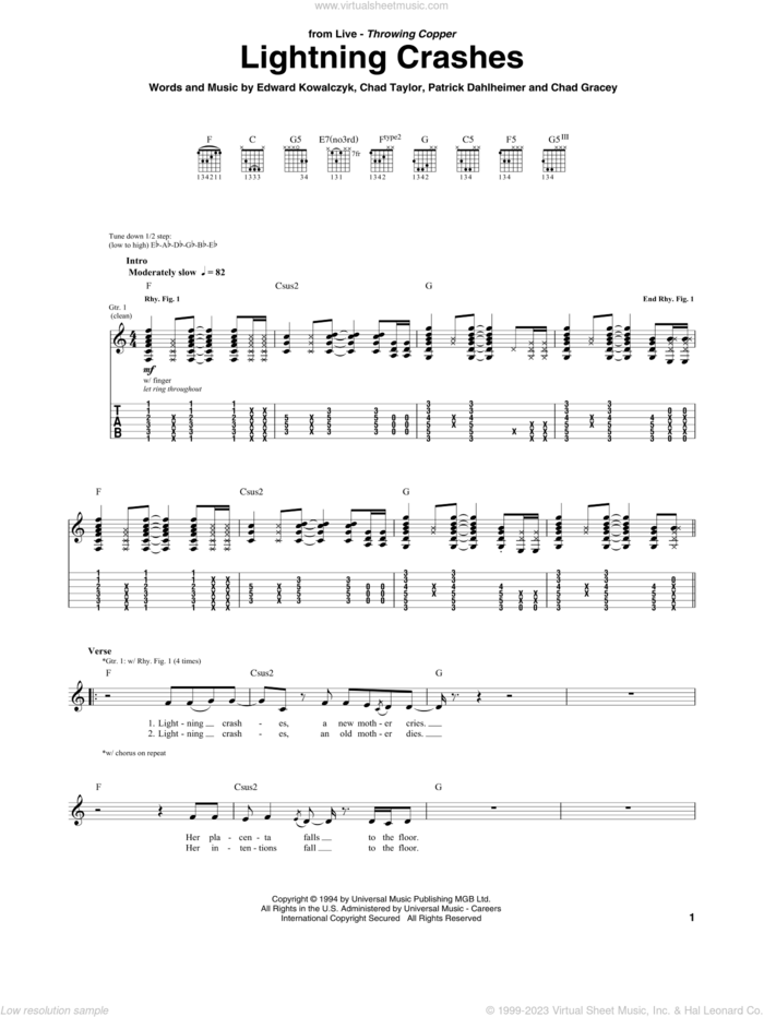 Lightning Crashes sheet music for guitar (tablature) by Live, Chad Gracey, Chad Taylor, Edward Kowalczyk and Patrick Dahlheimer, intermediate skill level