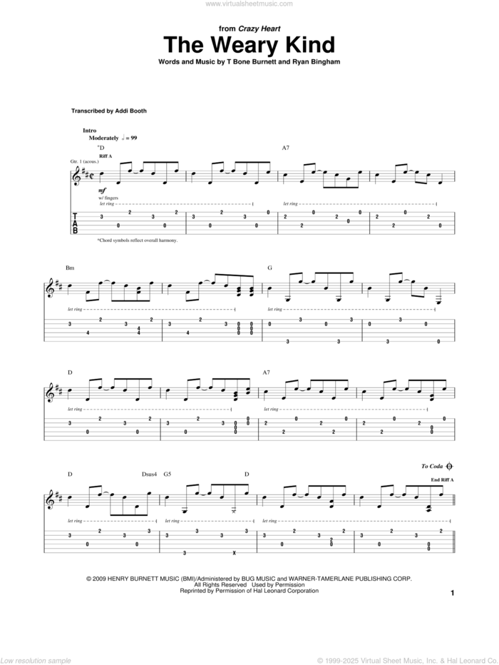 The Weary Kind (Theme From Crazy Heart) sheet music for guitar (tablature) by Ryan Bingham, Crazy Heart (Movie) and T-Bone Burnett, intermediate skill level