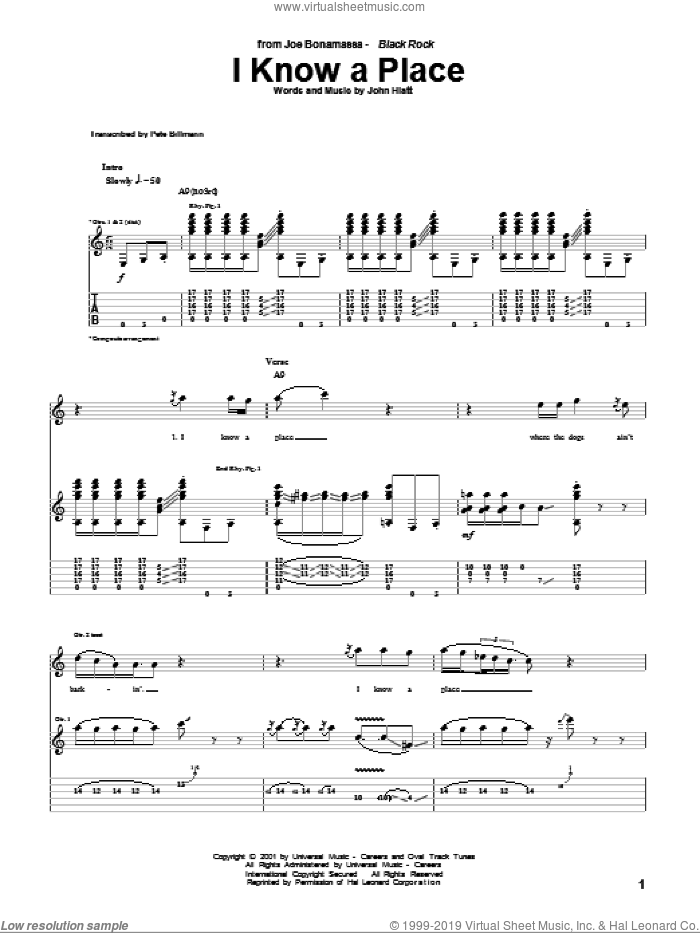 I Know A Place sheet music for guitar (tablature) by Joe Bonamassa and John Hiatt, intermediate skill level