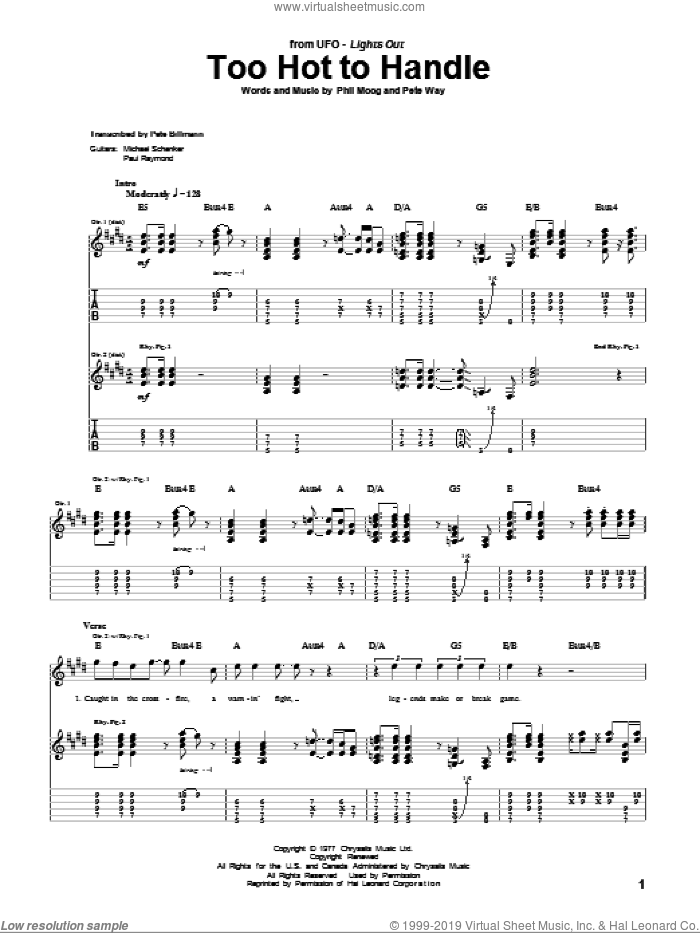 Too Hot To Handle sheet music for guitar (tablature) by UFO, Pete Way and Phil Moog, intermediate skill level