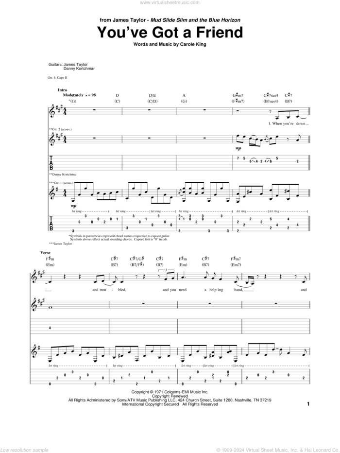 You've Got A Friend sheet music for guitar (tablature) by James Taylor and Carole King, intermediate skill level