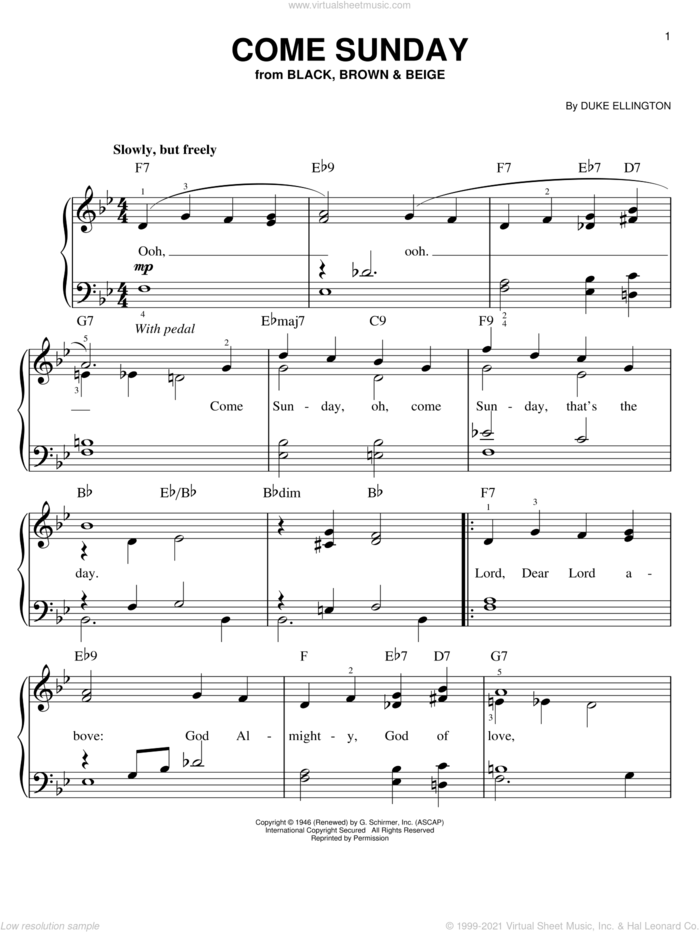 Come Sunday, (easy) sheet music for piano solo by Duke Ellington, easy skill level