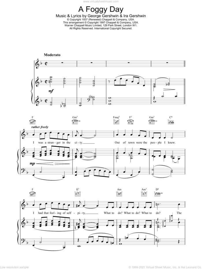 A Foggy Day (In London Town) sheet music for voice, piano or guitar by Frank Sinatra and George Gershwin, intermediate skill level