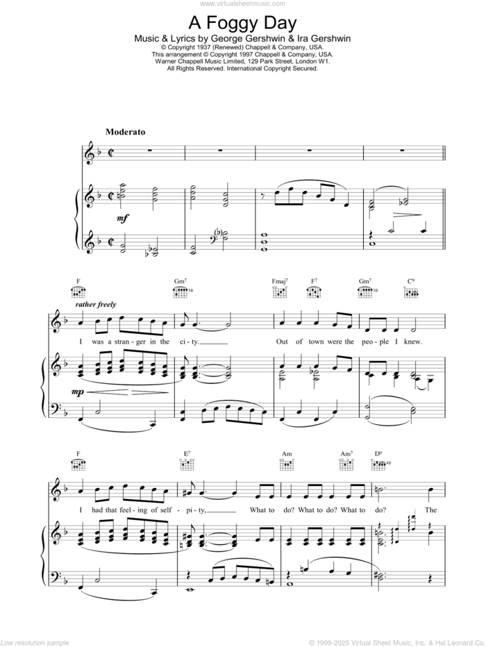 A Foggy Day (In London Town) sheet music for voice, piano or guitar by Frank Sinatra and George Gershwin, intermediate skill level