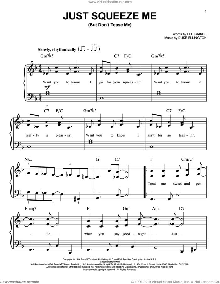 Just Squeeze Me (But Don't Tease Me) sheet music for piano solo by Duke Ellington and Lee Gaines, easy skill level