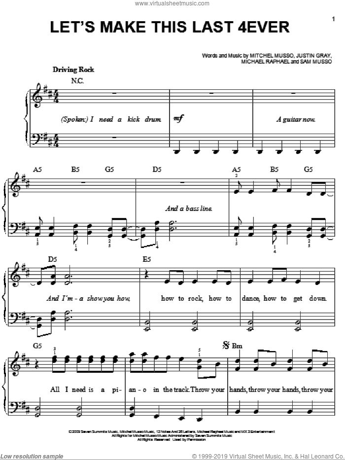 Let's Make This Last 4ever sheet music for piano solo by Mitchel Musso, Hannah Montana, Justin Gray, Michael Raphael and Sam Musso, easy skill level