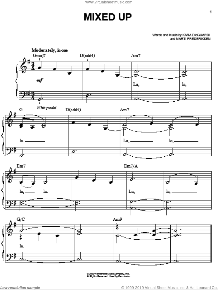 Mixed Up sheet music for piano solo by Hannah Montana, Miley Cyrus, Kara DioGuardi and Marti Frederiksen, easy skill level