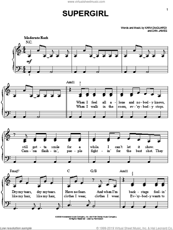 Supergirl sheet music for piano solo by Hannah Montana, Miley Cyrus, Dan James and Kara DioGuardi, easy skill level