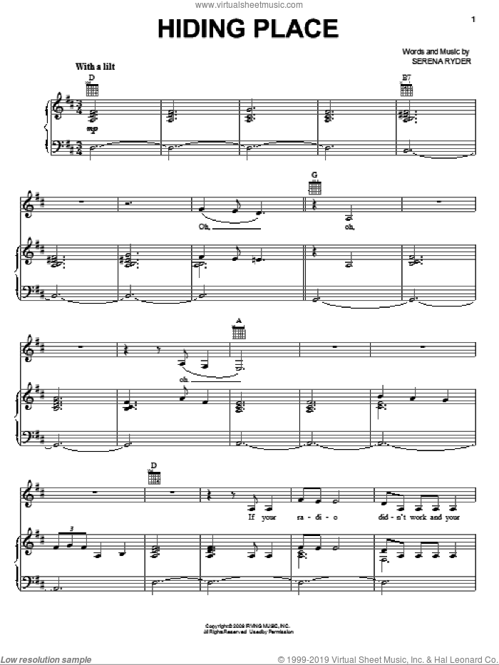 Hiding Place sheet music for voice, piano or guitar by Serena Ryder, intermediate skill level
