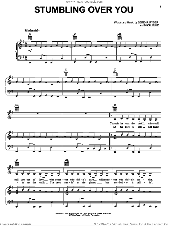 Stumbling Over You sheet music for voice, piano or guitar by Serena Ryder and Mikal Blue, intermediate skill level