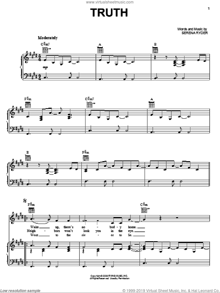 Truth sheet music for voice, piano or guitar by Serena Ryder, intermediate skill level