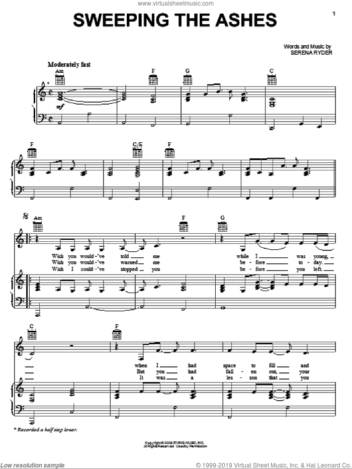 Sweeping The Ashes sheet music for voice, piano or guitar by Serena Ryder, intermediate skill level