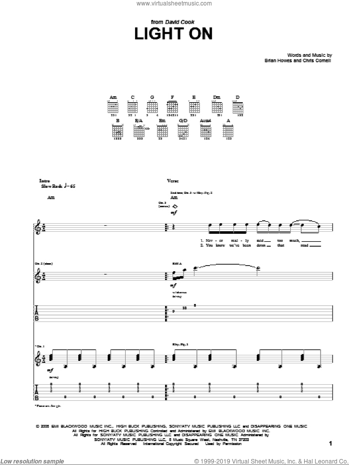 Light On sheet music for guitar (tablature) by David Cook, Brian Howes and Chris Cornell, intermediate skill level
