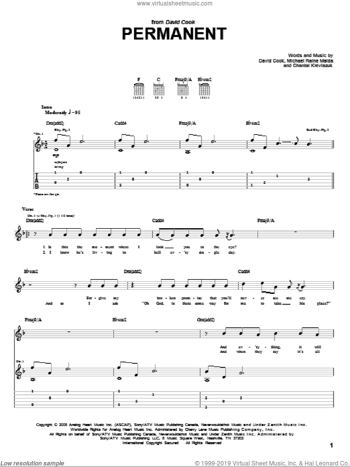 Permanent sheet music for guitar (tablature) by David Cook, Chantal Kreviazuk and Michael Maida, intermediate skill level