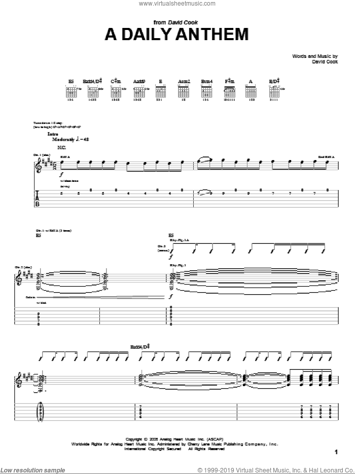 A Daily Anthem sheet music for guitar (tablature) by David Cook, intermediate skill level